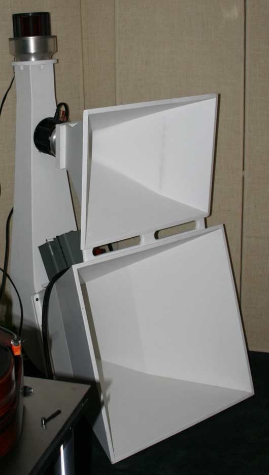 Two large white squaring horns, one on top of each other, for each speaker